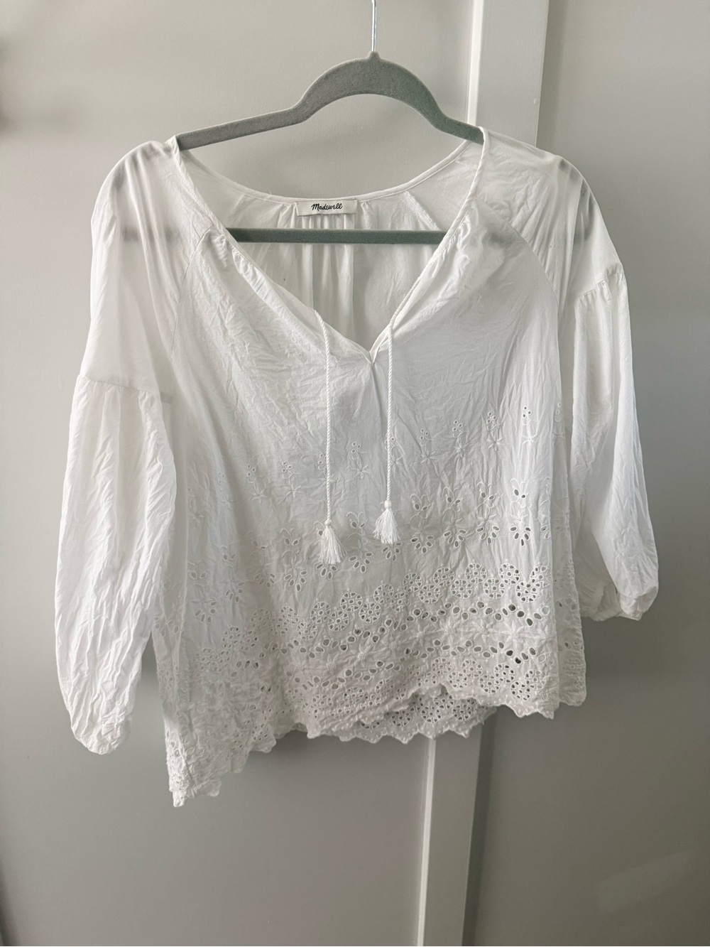 Madewell White Eyelet Tie-Front Peasant Top